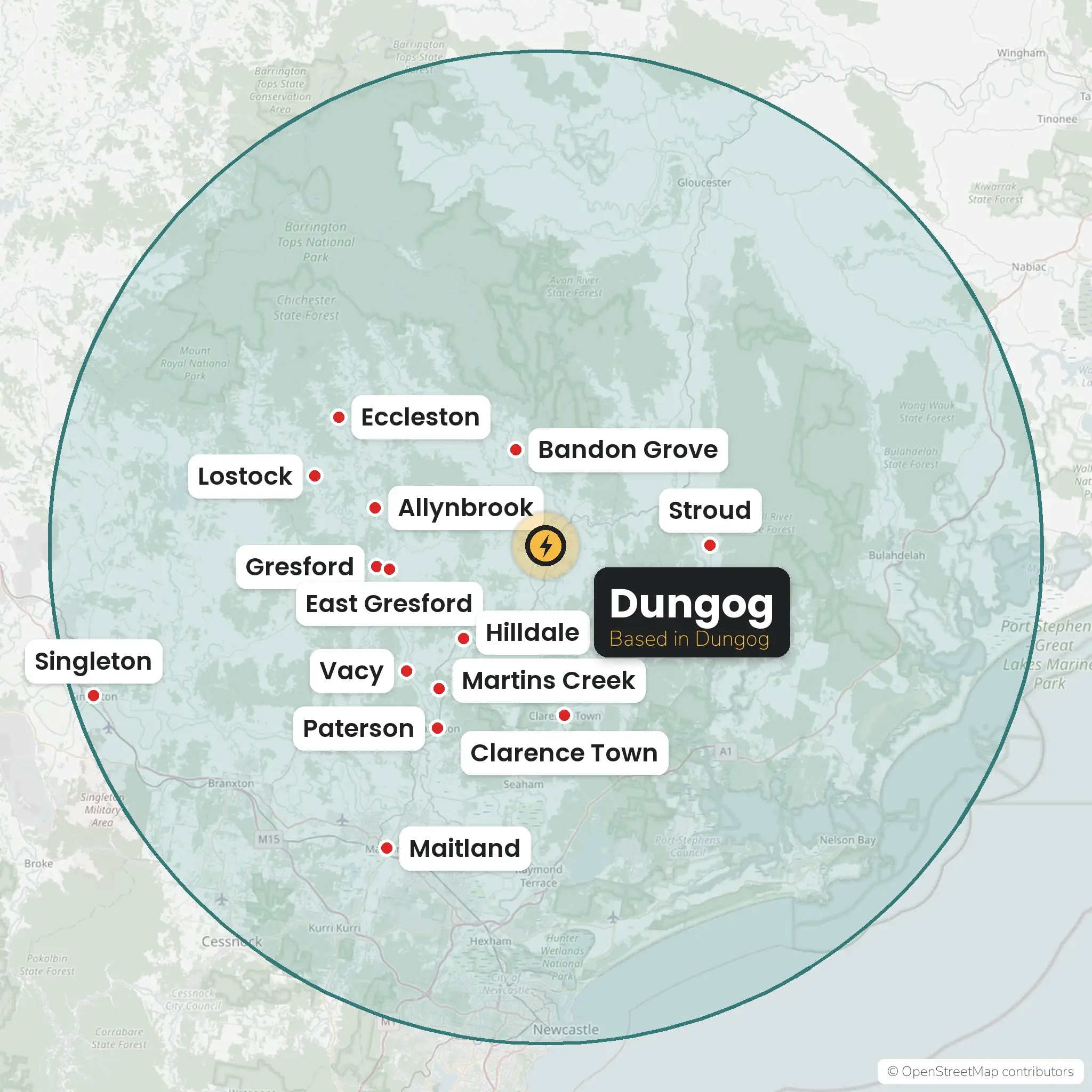 Map of the Hunter district with Dungog marked in the middle and a shaded circle around the area Atkins Electrical covers, taking in Eccleston, Allynbrook, Lostock, Dungog, Bandon Grove, Stroud, Hilldale, Vacy, Martins Creek, Paterson, Clarence Town, Maitland and Singleton.